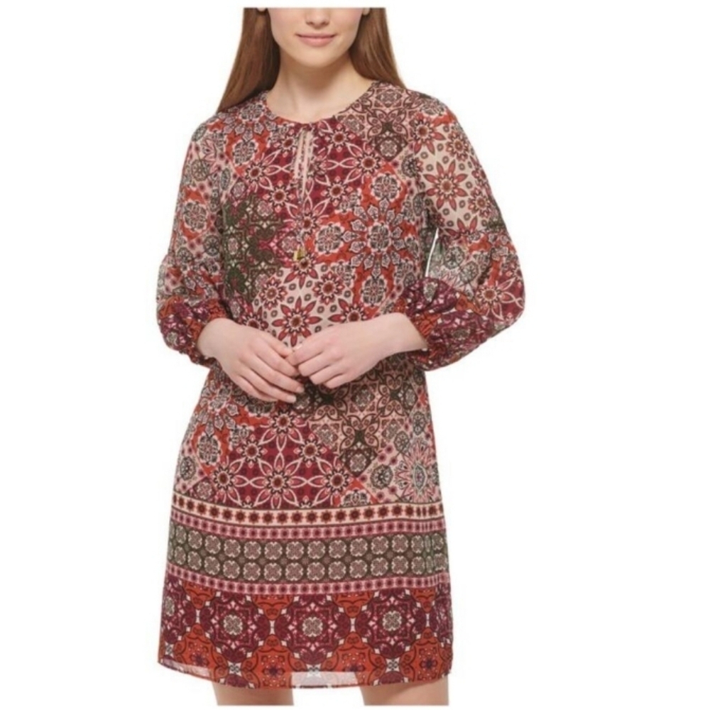 VINCE CAMUTO Womens Orange Tie Lined 3/4 Sleeve Split Shift Dress sz 8